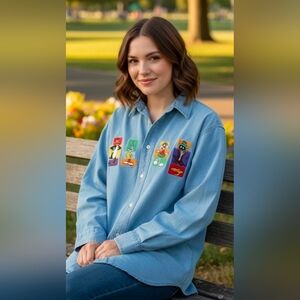 Loony Tunes Denim Shirt Vintage Cartoon Character Mix up Bugs, Daffy size L